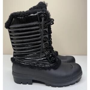Hunter Original Shearling Boots Womens 8 Black Patent Leather Rubber Lace Up